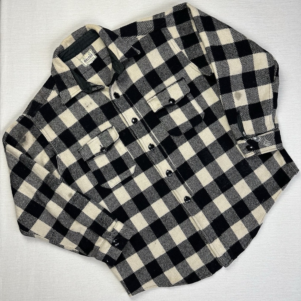 Vtg 50s Melton Wintermaster Flannel Buffalo Plaid Wool Shirt XL Black Cream Flaw